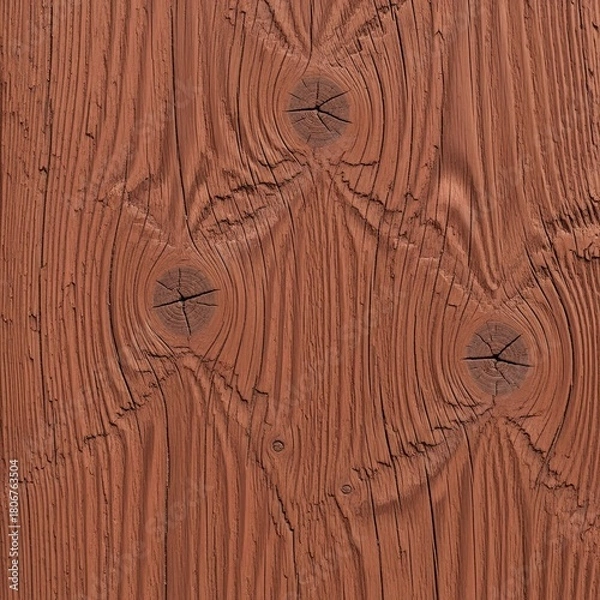 Fototapeta Detailed macro shot of a rustic timber surface featuring prominent wood grain, natural knots, and a rich, earthy reddish-brown paint