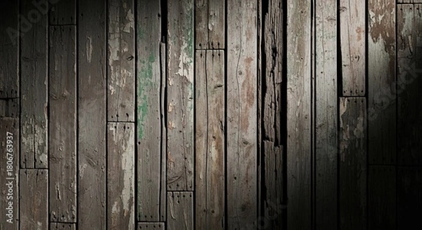 Fototapeta weathered wooden wall texture with vertical planks and subtle green paint remnants