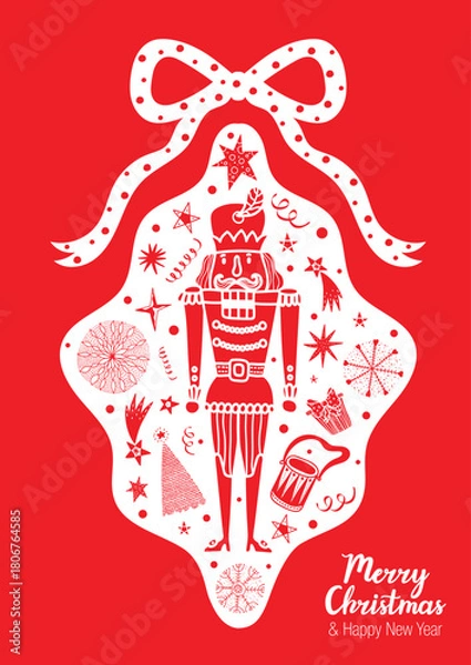 Obraz Сute Christmas illustration of the red Nutcracker in a decorative frame. Cute Christmas vector poster. 
Interior poster. 