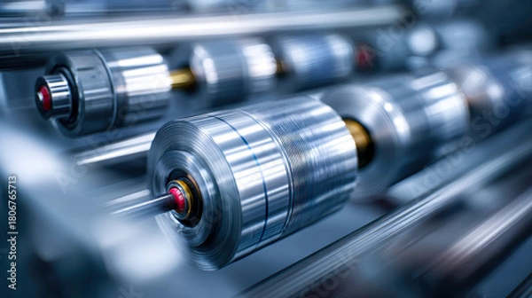 Fototapeta Industrial metal rollers spinning at high speed in a precision manufacturing process with sleek steel cylinders and dynamic motion blur effects