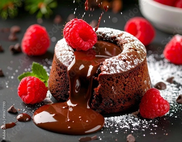 Obraz Ein köstlicher Schokoladenkuchen mit flüssigem Kern und reichhaltiger Soße . Mit Himbeeren dekoriert.