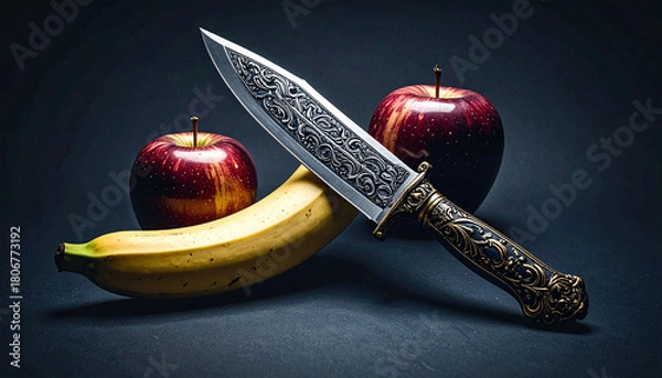 Fototapeta Still life illustration of two apples, banana, and knife, combining simple forms with subtle tension. Ideal for food concepts, editorial use, symbolic themes, and modern graphic design projects.