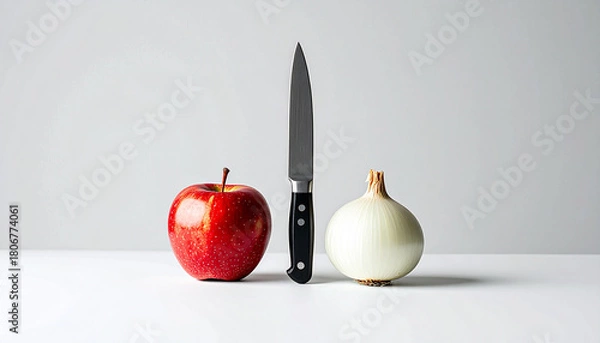 Fototapeta Still life illustration featuring an onion, an apple, and a knife, combining everyday kitchen objects with subtle tension. Perfect for food concepts, editorial use, and modern design projects.