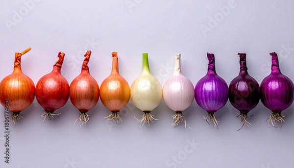 Fototapeta Minimalist still life featuring onions arranged side by side, highlighting texture, color, and simplicity. Perfect for culinary, food design, and modern editorial projects.