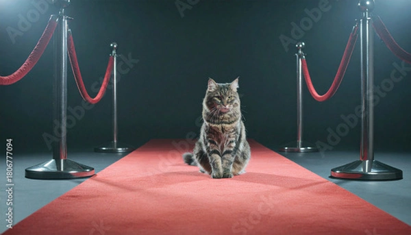 Fototapeta Adorable cat sitting on a red carpet, combining charm and elegance. Perfect for editorial use, pet themes, lifestyle projects, and creative digital illustrations.