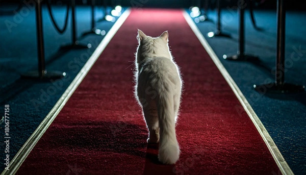 Fototapeta Adorable cat walking on a red carpet, combining charm and elegance. Perfect for editorial use, pet themes, lifestyle projects, and creative digital illustrations.