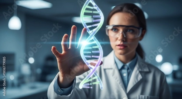 Fototapeta Scientist interacting with glowing holographic dna double helix