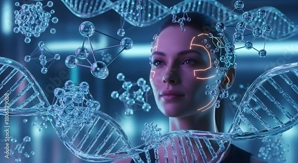 Fototapeta Woman integrating genetic information with digital technology