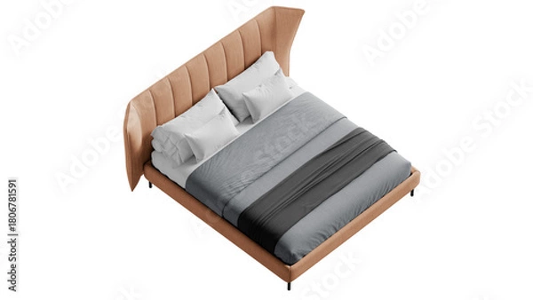 Fototapeta Modern double bed with bedding on an isolated background.