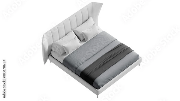Fototapeta White bed with a white comforter and pillows on an isolated background. 
