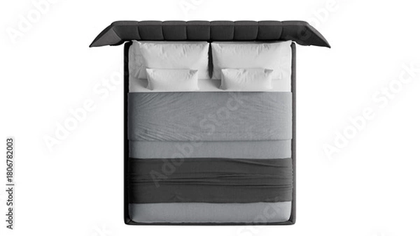 Fototapeta Modern black double bed with bedding on an isolated background.