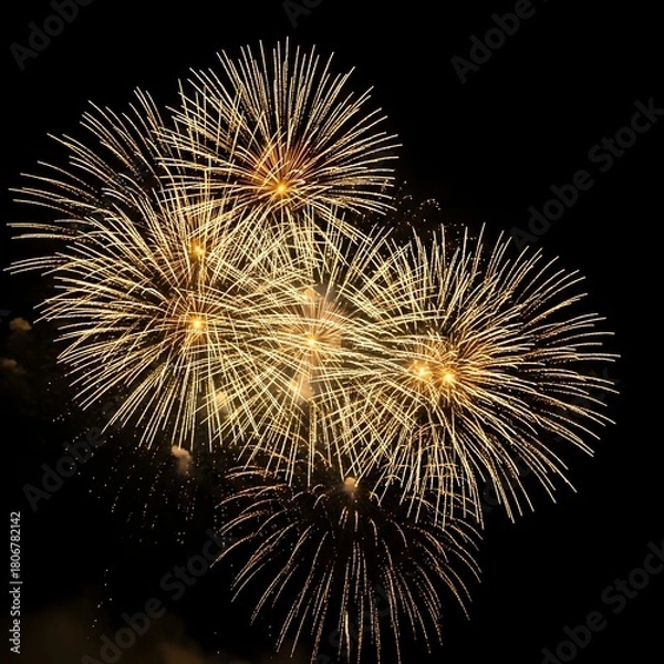 Fototapeta Golden yellow fireworks explode in a dark night sky creating a dazzling display of light and celebration