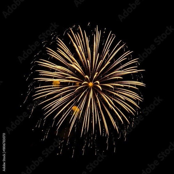 Fototapeta A single bright golden yellow fireworks burst explodes outward in a starburst pattern against a deep black night sky during a celebration