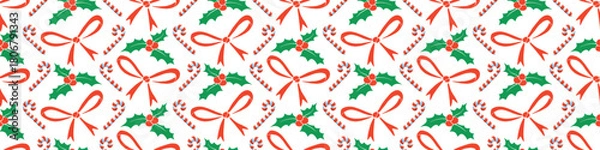 Fototapeta Vector seamless pattern of Christmas symbols in flat style. Bright background and texture on theme New Year, xmas