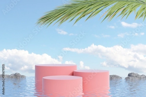 Obraz Marble Podium Circular Leafs Plants for Product Presentation