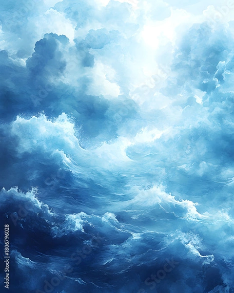 Fototapeta Serene Blue Cloudscape Atmospheric Ocean of Billowing Clouds and Soft Light, Artistic Impression