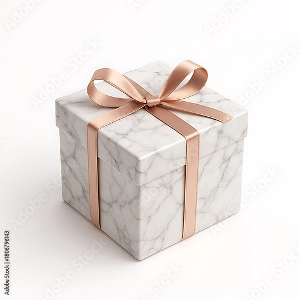 Fototapeta Marble texture gift box with thin rose-gold ribbon