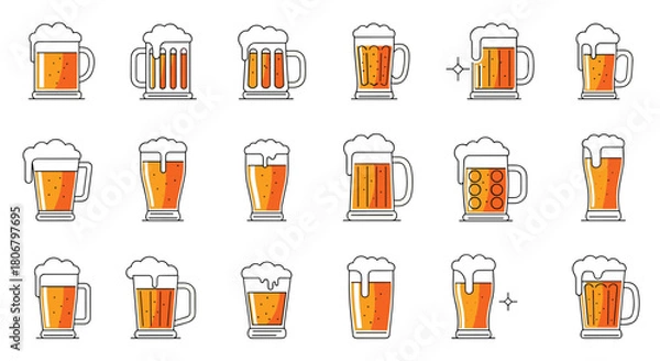 Fototapeta A collection of flat design illustrations of beer mugs and glasses filled with golden beer and frothy foam.
