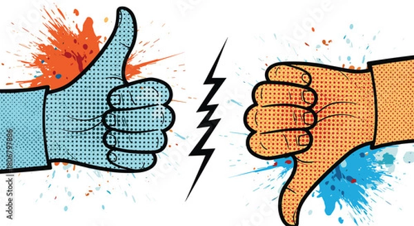 Fototapeta Pop art illustration of opposing thumbs up and thumbs down with colorful paint splatters.
