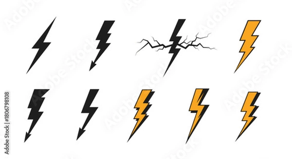 Fototapeta Collection of various lightning bolt icons in black and yellow colors, symbolizing energy and power.