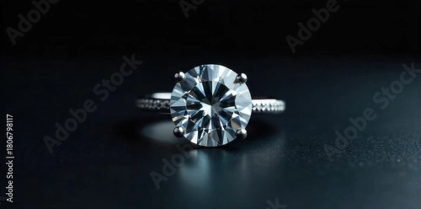 Fototapeta Ethereal Diamond Ring Sparkle Macro shot of a single brilliant cut diamond solitaire ring, resting on a pristine, velvety dark surface. Extreme shallow depth of field, with the diamond s facets