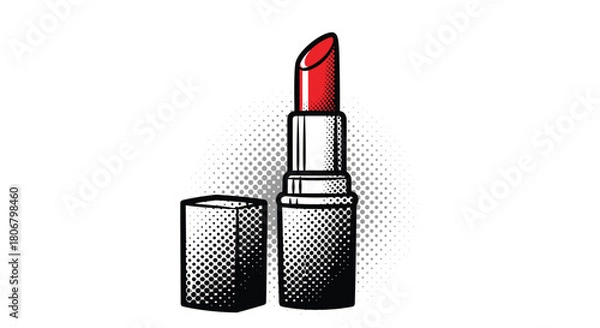 Fototapeta Stylized red lipstick with cap off, depicted in a pop art dot pattern style.