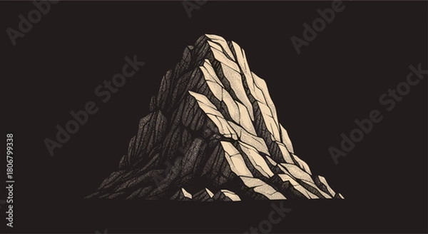 Fototapeta Detailed illustration of a stark, jagged mountain peak rendered in a stippling technique on a dark background.