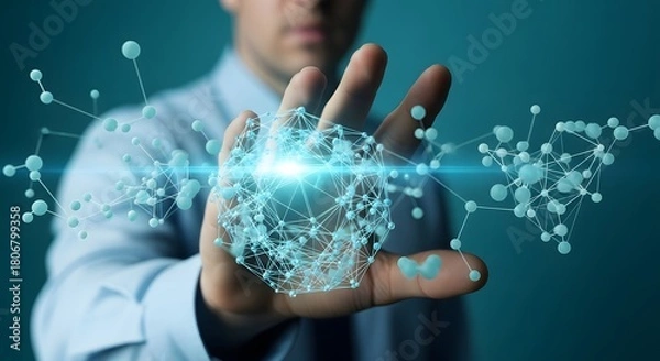 Fototapeta Human hand interacting with network sphere structure