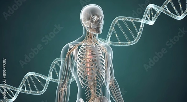 Fototapeta Human body visualizing glowing neural pathways and dna structure