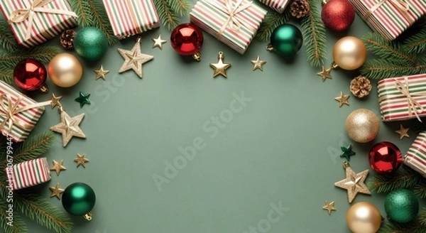 Fototapeta Festive Christmas border with striped gift boxes, colorful ornaments, golden stars, pine branches, and pine cones on a green background, symbolizing warmth, joy, and family holiday celebration.