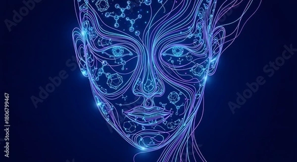 Fototapeta Neural network threads forming human face with molecular shapes