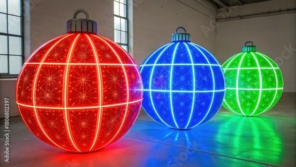 Obraz Vibrant, illuminated decorative ornaments in red, blue, and green, displayed indoors, creating a festive atmosphere.