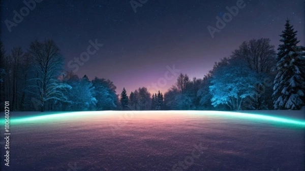 Obraz A serene winter landscape at night, featuring glowing lights illuminating a snow-covered field surrounded by trees under a starry sky.