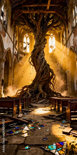Obraz Massive ancient tree growing inside abandoned cathedral with sunlight streaming through broken windows
