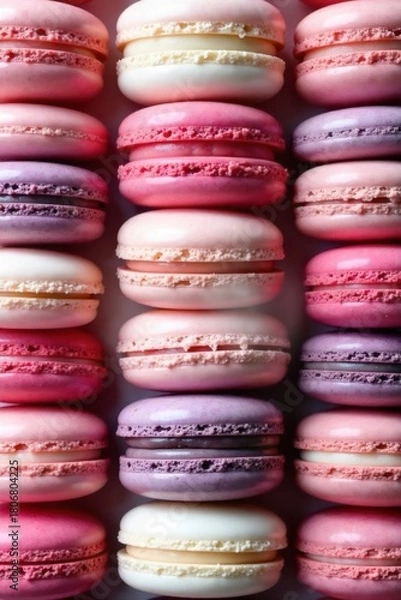 Fototapeta Vibrant Macaron Tower Display with Assorted Pastel Colors and Textures, Studio Lighting A pristine tower of assorted French macarons in soft pastel colors, showcasing various subtle textures and