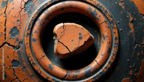 Fototapeta Cracked Greek Amphora Fragment An extreme close up, macro shot of a single, weathered fragment of an ancient Greek amphora. The fragment is cracked and shows a rich patina. A section of its original