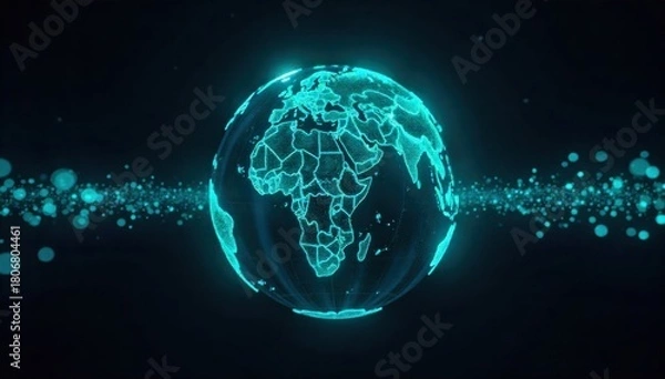 Fototapeta Abstract Globe with News Themed Light Trails on Dark Background An abstract, stylized globe rendered with swirling, dynamic light trails in vibrant blues and greens against a deep, dark background.