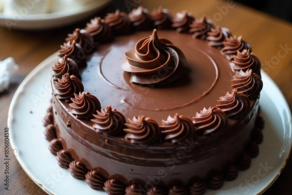 Fototapeta Decadent Chocolate Birthday Cake with Swirled Icing and Sprinkles, Close up Close up overhead shot of a dark chocolate birthday cake with generous swirls of glossy chocolate icing. Colorful nonpareil