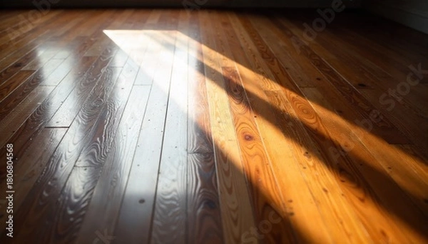 Fototapeta Shiny hardwood floor with sunlight reflecting, hinting at a recently cleaned surface. A wide shot of a perfectly polished, dark hardwood floor. A bright sunbeam streams in from an unseen window,