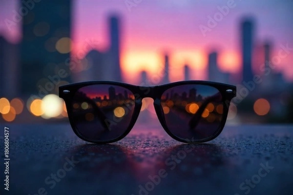 Fototapeta Reflective lenses capturing abstract cityscapes, hinting at stylish observation without presence. Close up, macro shot of a pair of high fashion sunglasses, focusing on the reflective lenses. The