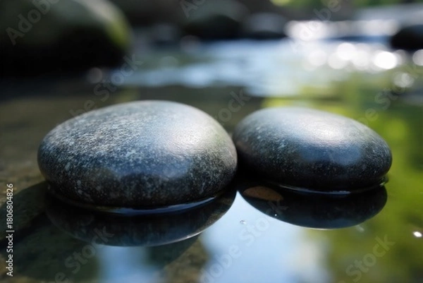 Fototapeta Two smooth, river stones, polished by time and water, representing a harmonious soul relationship. Two perfectly smooth, grey river stones resting side by side on a gentle, clear stream bed. Soft,