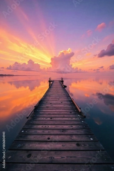 Fototapeta A rustic wooden pier extending into a calm lake, reflecting the setting sun and serene evening sky. A long, rustic wooden pier juts out into a perfectly calm lake. The setting sun casts a vibrant