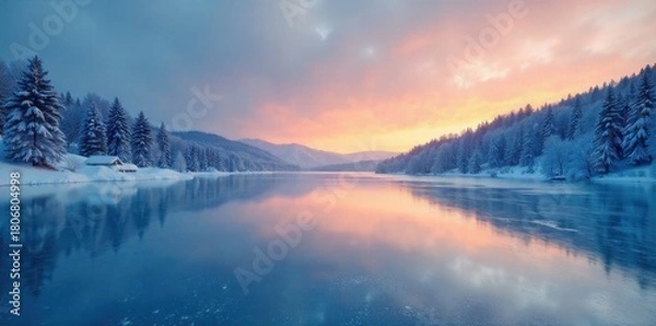 Fototapeta Frozen Snowscape Under a Twilight Sky A photorealistic image of a frozen lake surrounded by snow covered trees at twilight. Focus on the stillness and beauty of the winter scene.