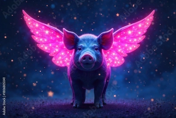 Fototapeta Pig Flying Through Starry Night Sky, A Cosmic Adventure Among Celestial Wonders and Nebulae A stylized, silhouetted pig with luminous, star like wings soaring through a deep indigo night sky filled