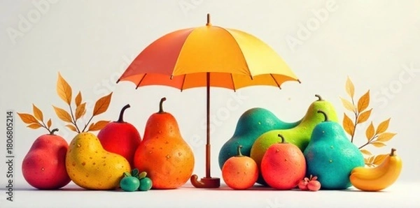 Fototapeta Umbrella relationship Symbolizing a diverse group of ideas or projects under one guiding principle. A top down view of a collection of distinct, colorful, abstract organic shapes arranged neatly
