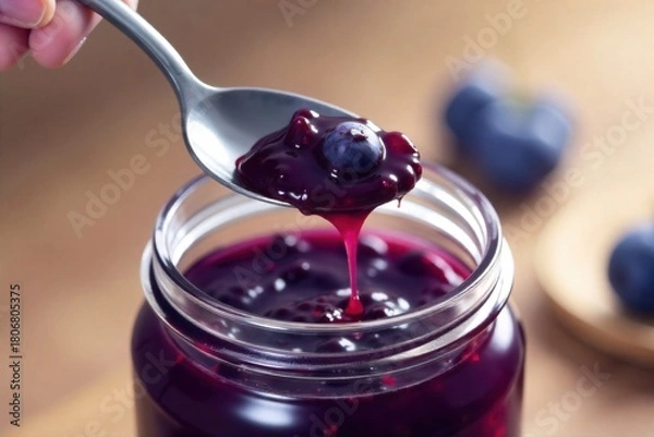Fototapeta Blueberry Marmalade Serving Spoonful of Spread on a Cracker or Toast A close up shot of a silver spoon scooping a generous portion of glistening blueberry marmalade from a clear glass jar. The