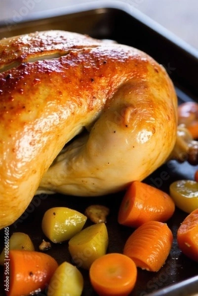 Fototapeta A whole roasted chicken with crispy golden skin, surrounded by root vegetables like carrots and potatoes, ready for carving. An overhead shot of a whole, beautifully roasted chicken with incredibly