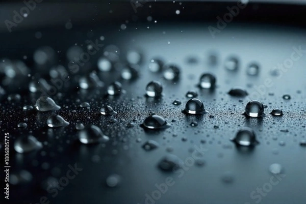 Fototapeta Macro View of Water Droplets Creating Circular Ripples on a Smooth Surface Extreme macro shot of several clear water droplets falling onto a perfectly smooth, dark, reflective surface. Each droplet