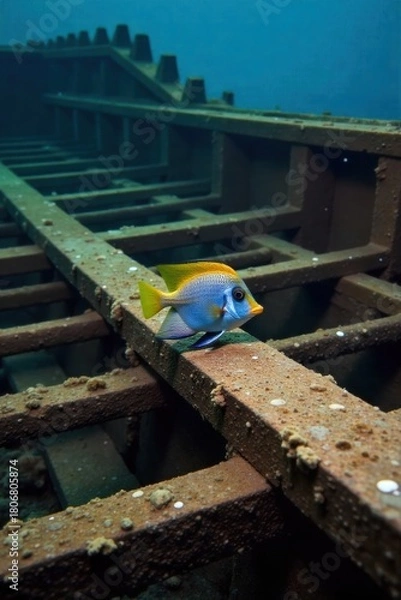 Fototapeta Juvenile angelfish exploring a submerged shipwreck, emphasizing scale and environment. A small, brightly colored juvenile angelfish explores the intricate details of a barnacle encrusted shipwreck on