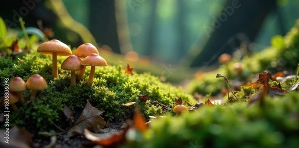 Fototapeta Whimsical Woodland Wonders A Collection of Magical Forest Elements for Creative Family Fun A vibrant, sun dappled forest floor carpeted with moss, featuring an assortment of colorful, whimsical